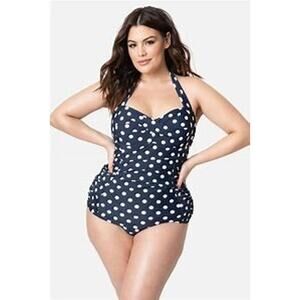 Unique Vintage Navy & White‎ Polka Dot Corinne Halter Sheath Swimsuit 1X NWT